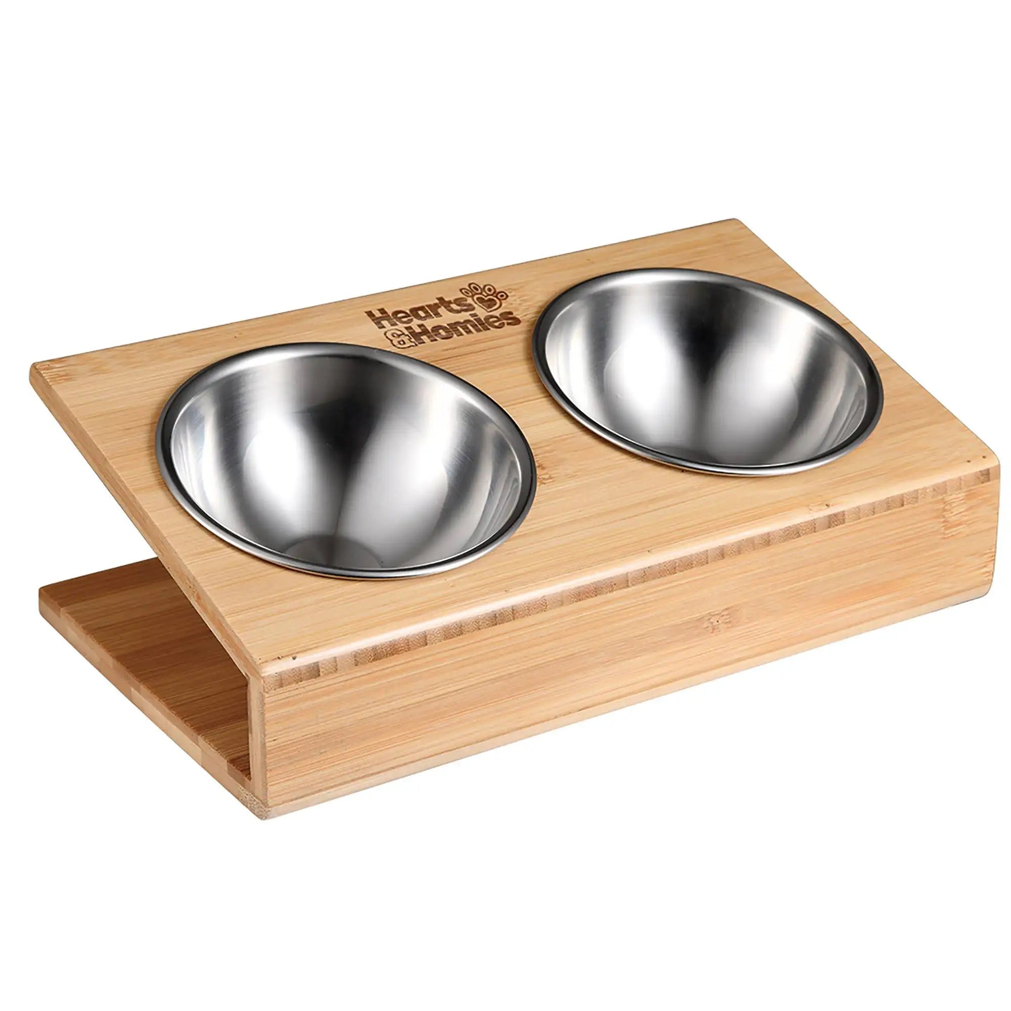 Comedero Doble Elevado Wellhome – Madera de Bambú y Acero Inoxidable (25.3x14x8.5cm)