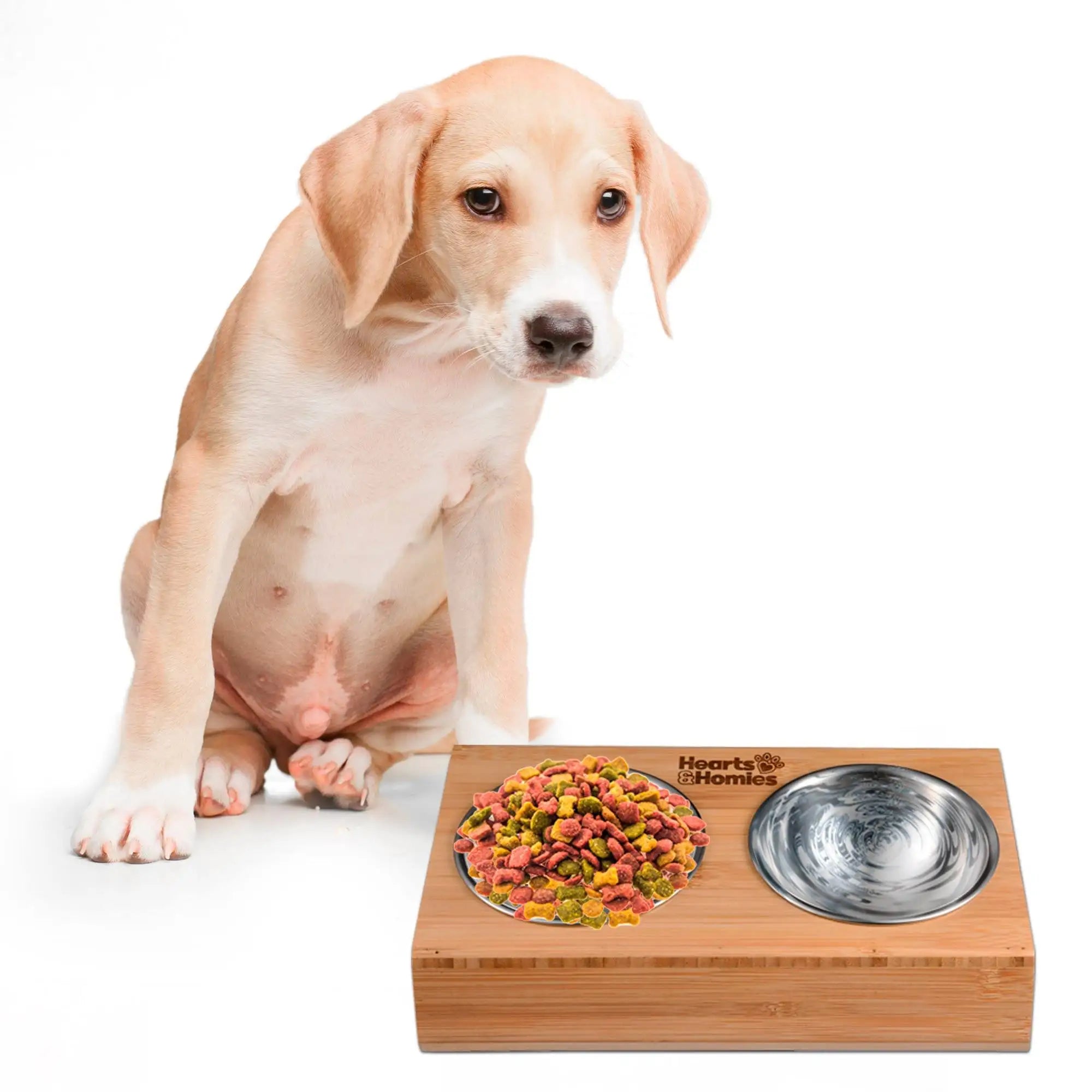 Comedero Doble Elevado Wellhome – Madera de Bambú y Acero Inoxidable (25.3x14x8.5cm)